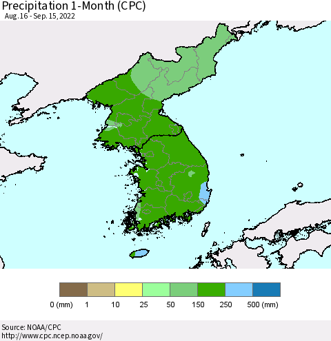 Korea Precipitation 1-Month (CPC) Thematic Map For 8/16/2022 - 9/15/2022