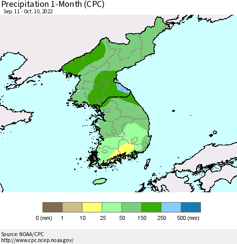 Korea Precipitation 1-Month (CPC) Thematic Map For 9/11/2022 - 10/10/2022
