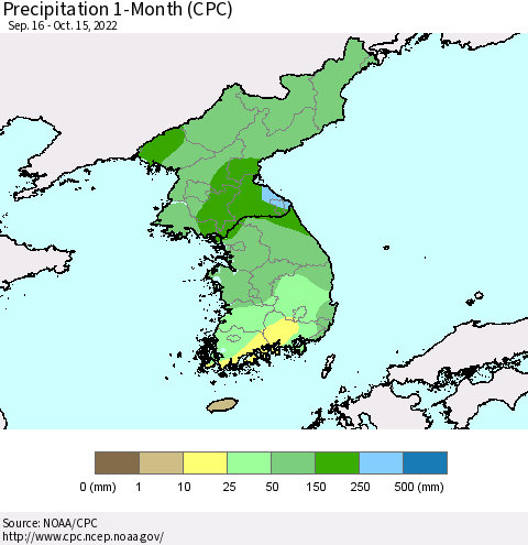 Korea Precipitation 1-Month (CPC) Thematic Map For 9/16/2022 - 10/15/2022
