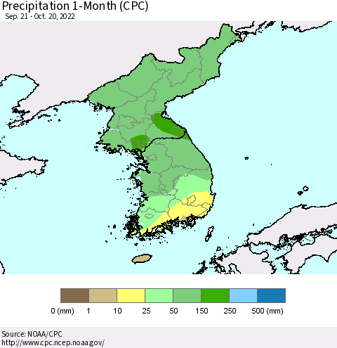 Korea Precipitation 1-Month (CPC) Thematic Map For 9/21/2022 - 10/20/2022