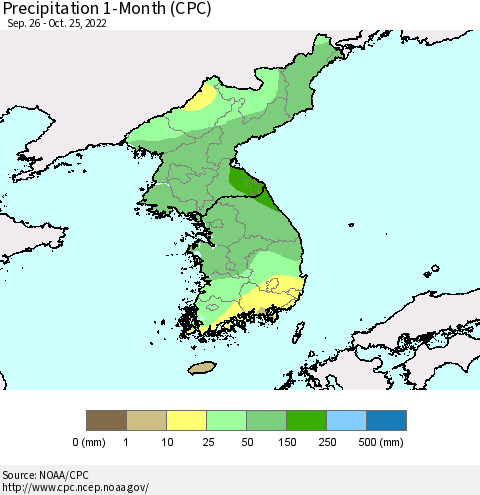 Korea Precipitation 1-Month (CPC) Thematic Map For 9/26/2022 - 10/25/2022
