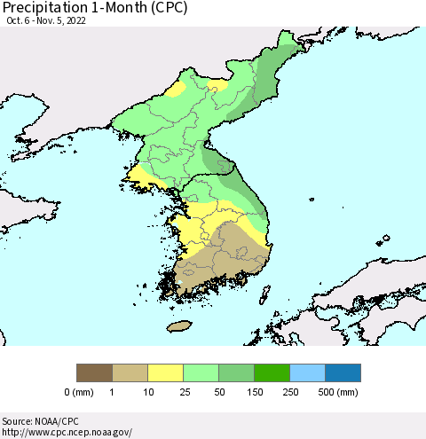 Korea Precipitation 1-Month (CPC) Thematic Map For 10/6/2022 - 11/5/2022