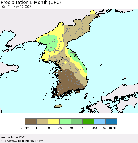 Korea Precipitation 1-Month (CPC) Thematic Map For 10/11/2022 - 11/10/2022