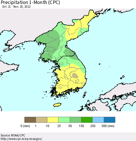Korea Precipitation 1-Month (CPC) Thematic Map For 10/21/2022 - 11/20/2022