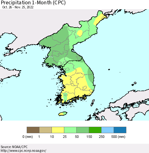 Korea Precipitation 1-Month (CPC) Thematic Map For 10/26/2022 - 11/25/2022
