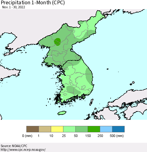 Korea Precipitation 1-Month (CPC) Thematic Map For 11/1/2022 - 11/30/2022