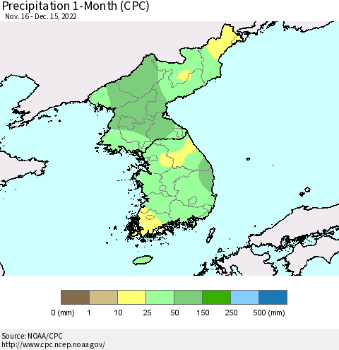 Korea Precipitation 1-Month (CPC) Thematic Map For 11/16/2022 - 12/15/2022