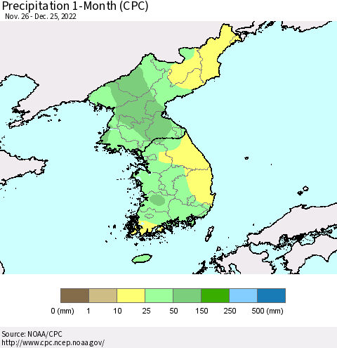 Korea Precipitation 1-Month (CPC) Thematic Map For 11/26/2022 - 12/25/2022