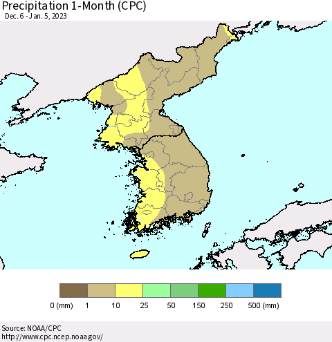 Korea Precipitation 1-Month (CPC) Thematic Map For 12/6/2022 - 1/5/2023