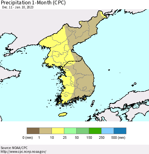 Korea Precipitation 1-Month (CPC) Thematic Map For 12/11/2022 - 1/10/2023