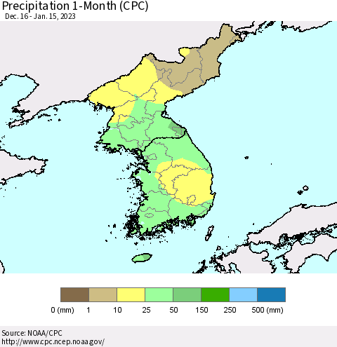 Korea Precipitation 1-Month (CPC) Thematic Map For 12/16/2022 - 1/15/2023