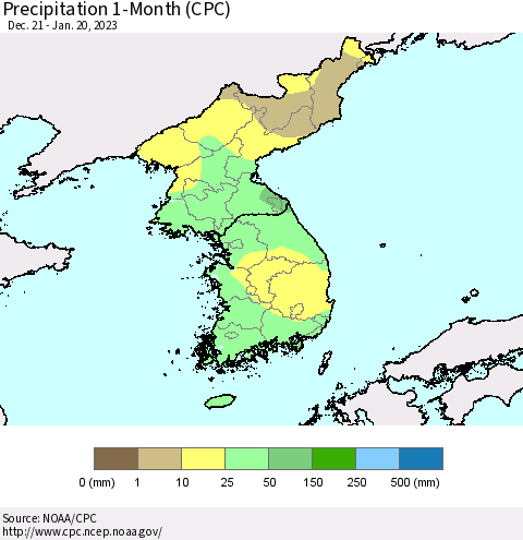 Korea Precipitation 1-Month (CPC) Thematic Map For 12/21/2022 - 1/20/2023