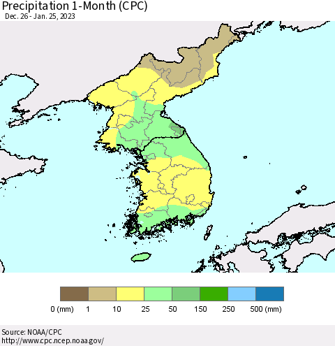 Korea Precipitation 1-Month (CPC) Thematic Map For 12/26/2022 - 1/25/2023
