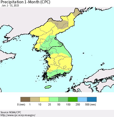 Korea Precipitation 1-Month (CPC) Thematic Map For 1/1/2023 - 1/31/2023