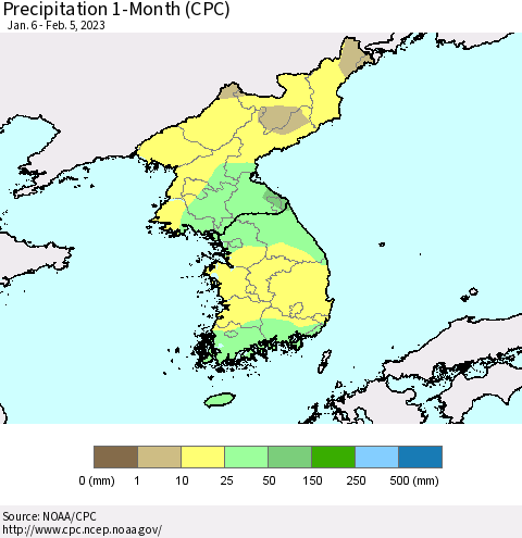 Korea Precipitation 1-Month (CPC) Thematic Map For 1/6/2023 - 2/5/2023