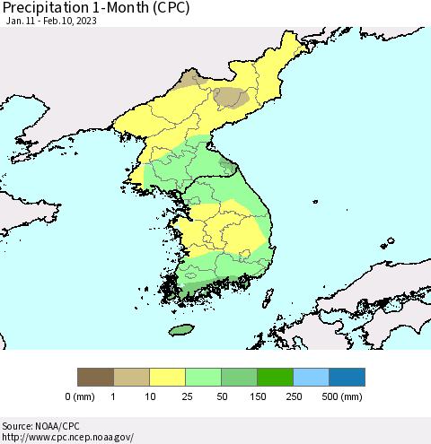 Korea Precipitation 1-Month (CPC) Thematic Map For 1/11/2023 - 2/10/2023