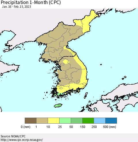 Korea Precipitation 1-Month (CPC) Thematic Map For 1/16/2023 - 2/15/2023
