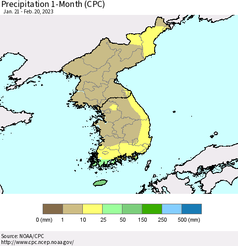 Korea Precipitation 1-Month (CPC) Thematic Map For 1/21/2023 - 2/20/2023