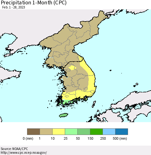 Korea Precipitation 1-Month (CPC) Thematic Map For 2/1/2023 - 2/28/2023