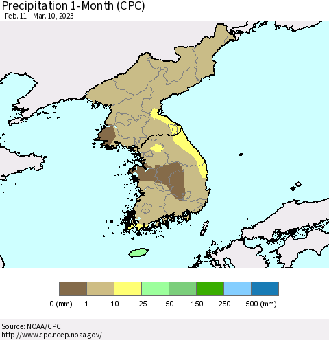 Korea Precipitation 1-Month (CPC) Thematic Map For 2/11/2023 - 3/10/2023