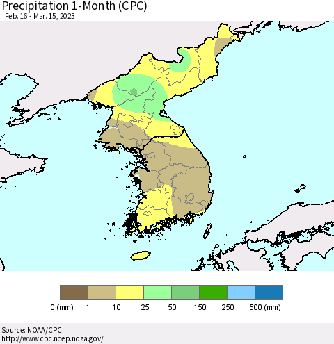 Korea Precipitation 1-Month (CPC) Thematic Map For 2/16/2023 - 3/15/2023