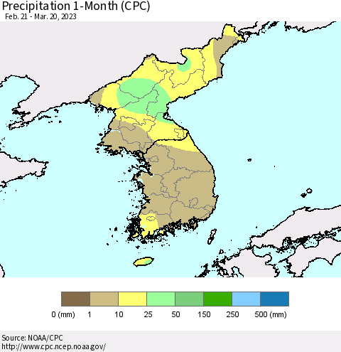 Korea Precipitation 1-Month (CPC) Thematic Map For 2/21/2023 - 3/20/2023