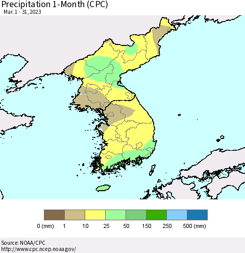 Korea Precipitation 1-Month (CPC) Thematic Map For 3/1/2023 - 3/31/2023