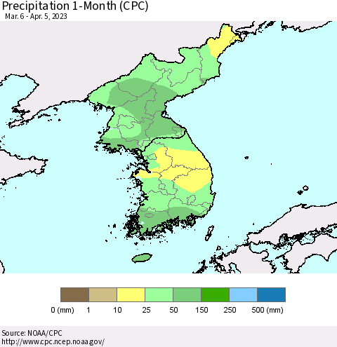 Korea Precipitation 1-Month (CPC) Thematic Map For 3/6/2023 - 4/5/2023