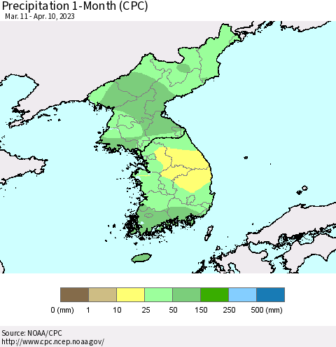 Korea Precipitation 1-Month (CPC) Thematic Map For 3/11/2023 - 4/10/2023