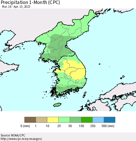 Korea Precipitation 1-Month (CPC) Thematic Map For 3/16/2023 - 4/15/2023