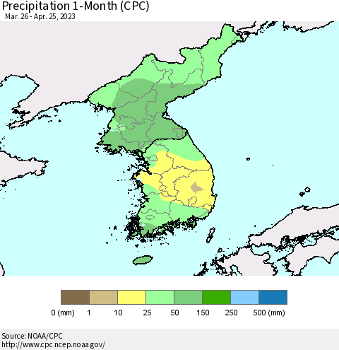 Korea Precipitation 1-Month (CPC) Thematic Map For 3/26/2023 - 4/25/2023
