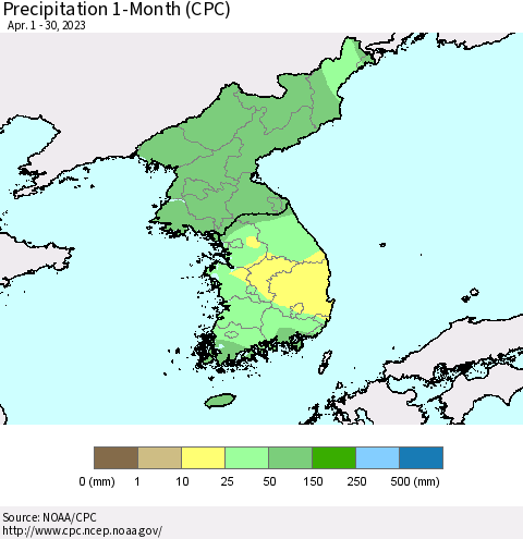Korea Precipitation 1-Month (CPC) Thematic Map For 4/1/2023 - 4/30/2023