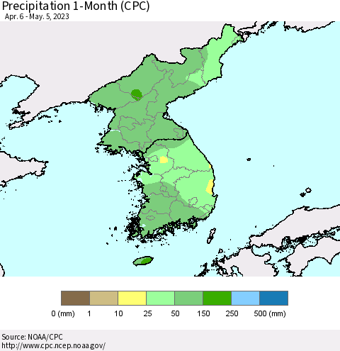Korea Precipitation 1-Month (CPC) Thematic Map For 4/6/2023 - 5/5/2023