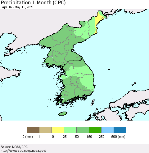 Korea Precipitation 1-Month (CPC) Thematic Map For 4/16/2023 - 5/15/2023