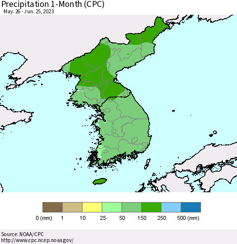 Korea Precipitation 1-Month (CPC) Thematic Map For 5/26/2023 - 6/25/2023