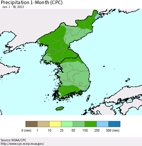 Korea Precipitation 1-Month (CPC) Thematic Map For 6/1/2023 - 6/30/2023