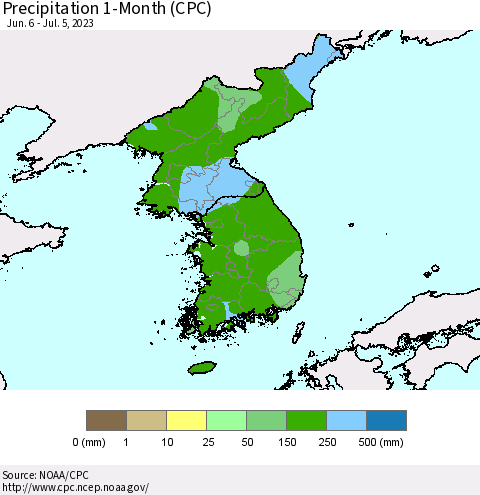 Korea Precipitation 1-Month (CPC) Thematic Map For 6/6/2023 - 7/5/2023
