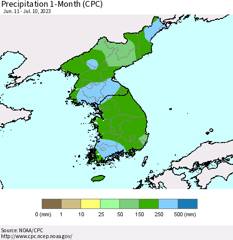 Korea Precipitation 1-Month (CPC) Thematic Map For 6/11/2023 - 7/10/2023