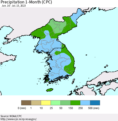 Korea Precipitation 1-Month (CPC) Thematic Map For 6/16/2023 - 7/15/2023
