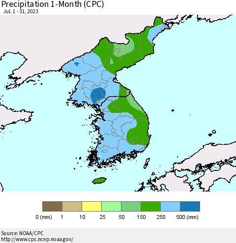 Korea Precipitation 1-Month (CPC) Thematic Map For 7/1/2023 - 7/31/2023