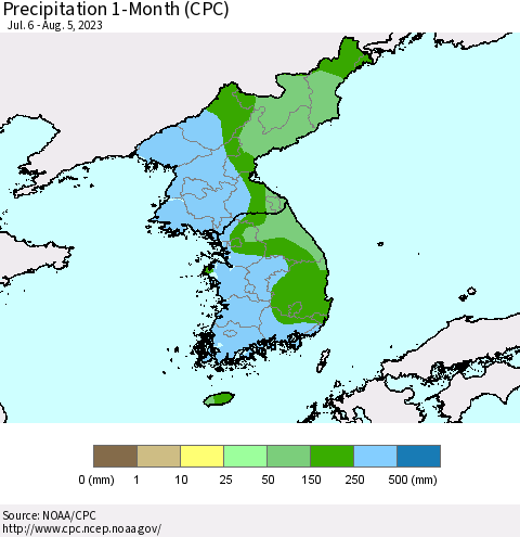 Korea Precipitation 1-Month (CPC) Thematic Map For 7/6/2023 - 8/5/2023