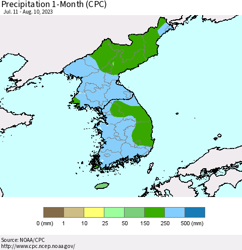 Korea Precipitation 1-Month (CPC) Thematic Map For 7/11/2023 - 8/10/2023