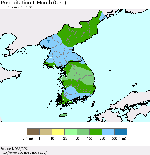 Korea Precipitation 1-Month (CPC) Thematic Map For 7/16/2023 - 8/15/2023