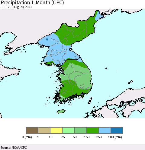 Korea Precipitation 1-Month (CPC) Thematic Map For 7/21/2023 - 8/20/2023
