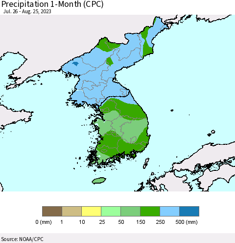 Korea Precipitation 1-Month (CPC) Thematic Map For 7/26/2023 - 8/25/2023