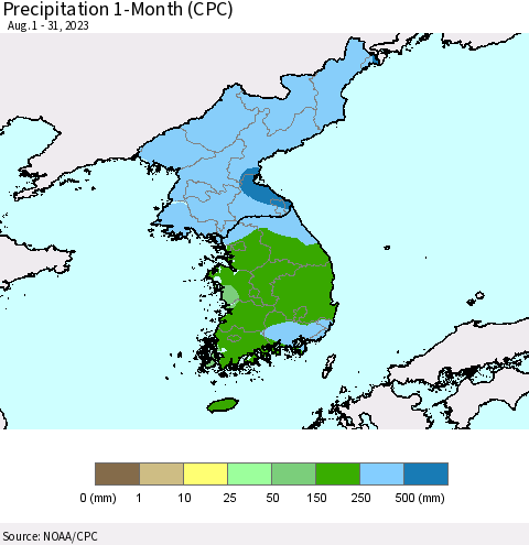 Korea Precipitation 1-Month (CPC) Thematic Map For 8/1/2023 - 8/31/2023