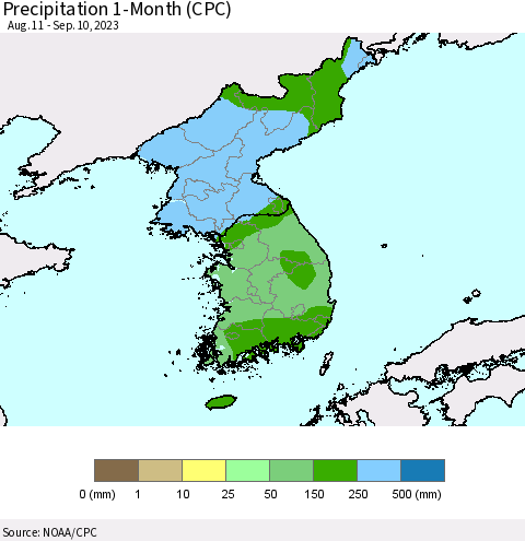 Korea Precipitation 1-Month (CPC) Thematic Map For 8/11/2023 - 9/10/2023