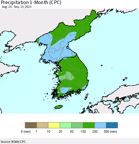 Korea Precipitation 1-Month (CPC) Thematic Map For 8/16/2023 - 9/15/2023