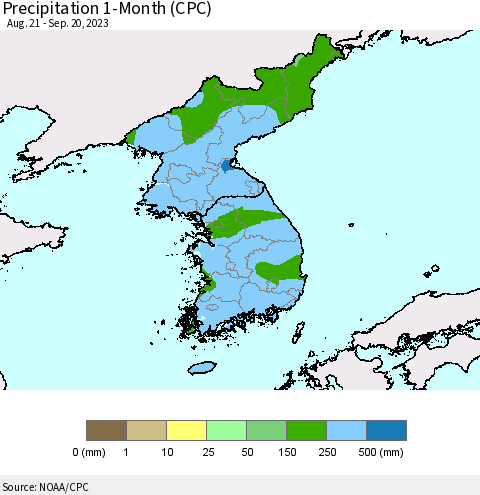 Korea Precipitation 1-Month (CPC) Thematic Map For 8/21/2023 - 9/20/2023