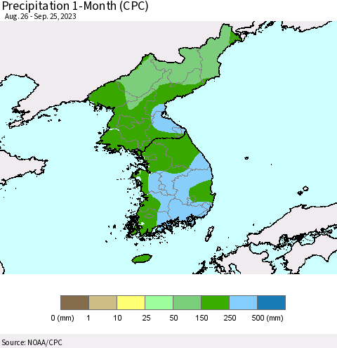 Korea Precipitation 1-Month (CPC) Thematic Map For 8/26/2023 - 9/25/2023